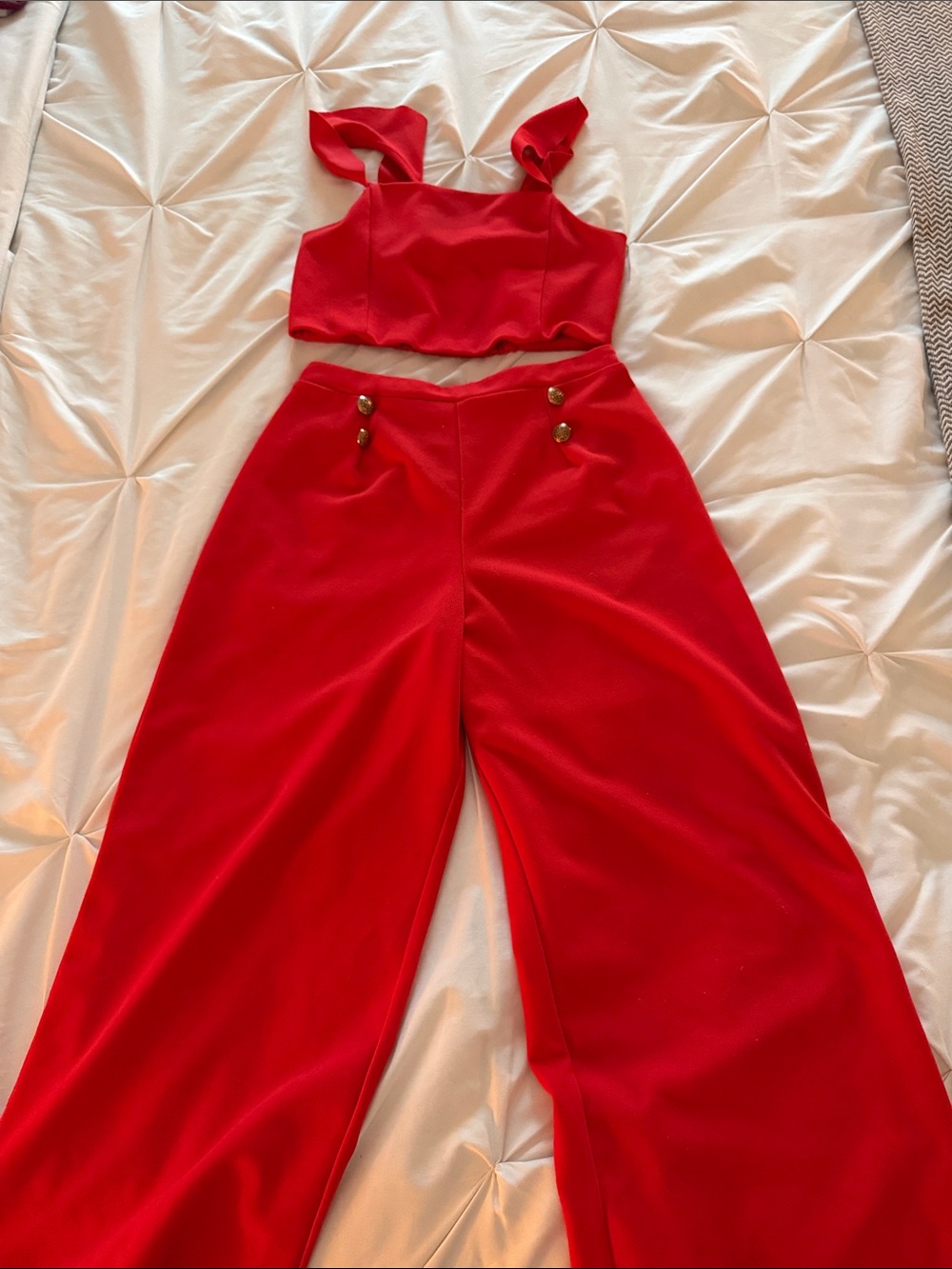 Girls' Red Two-Piece Jumpsuit-Style Set with Wide-Leg Bottoms